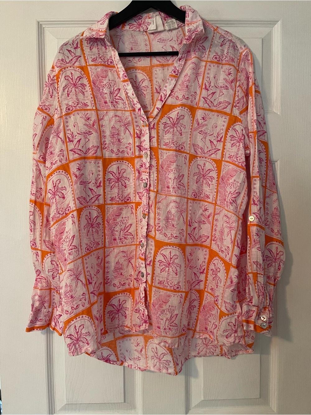C&C California Pink and Orange Button-Down Shirt tropical 100% linen large